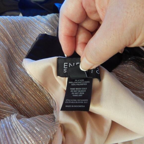 Enfocus Studio Pink Blush Glitter Black Satin Border Tie Neck Shift Dress Size 4 - Picture 11 of 11